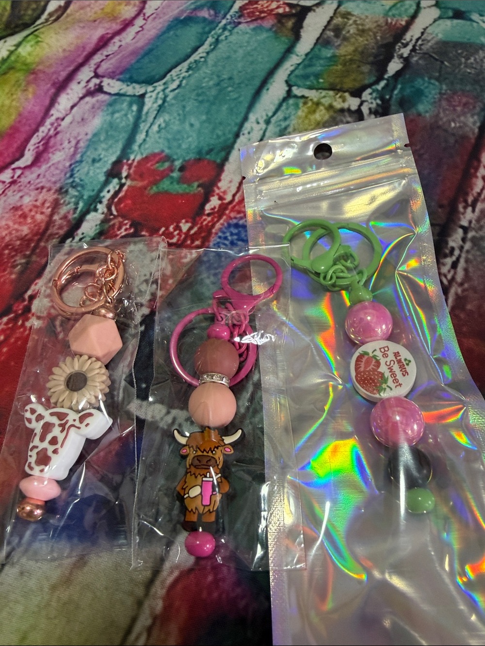Colorful Beaded Keychain Trio - Pink, Green, Rose Gold